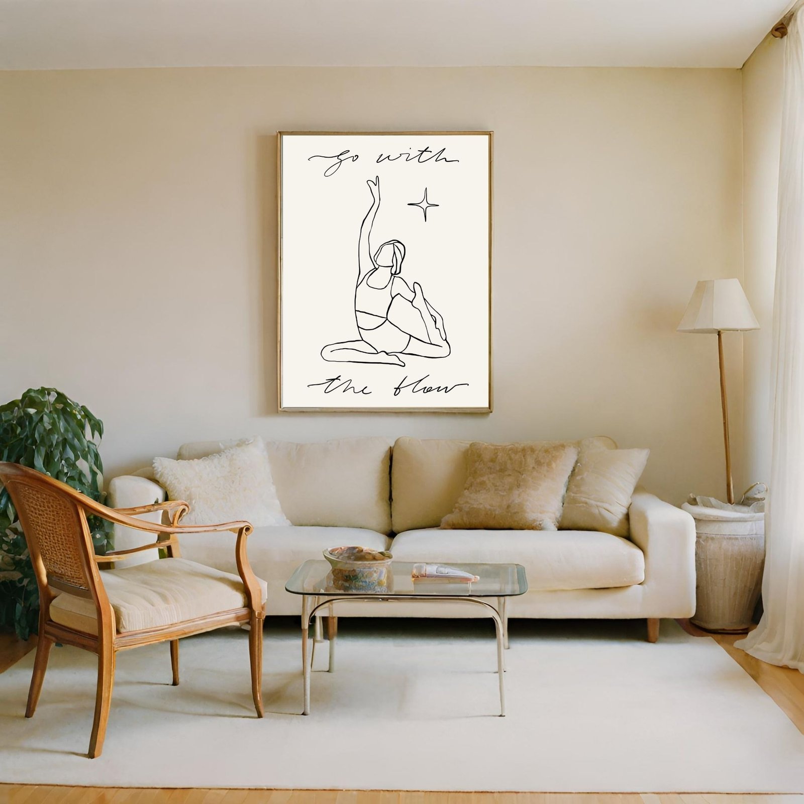 Framed line art poster featuring a figure in a yoga pose with the text 'go with the flow'.