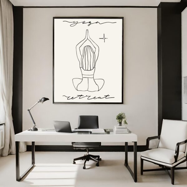 Wall art print featuring a line drawing of a person in a yoga pose with the text 'yoga retreat'.