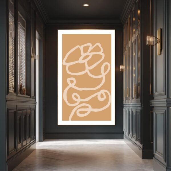 Abstract line art featuring a flower and swirling lines on a brown background.