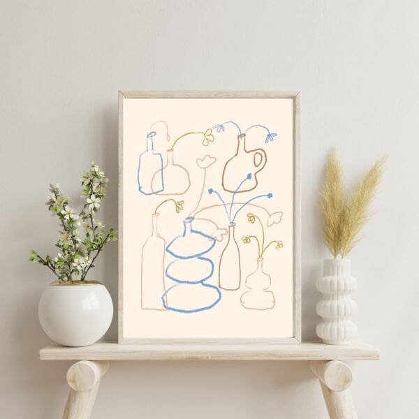 Abstract line art of bottles with flowers, minimalist modern wall art.