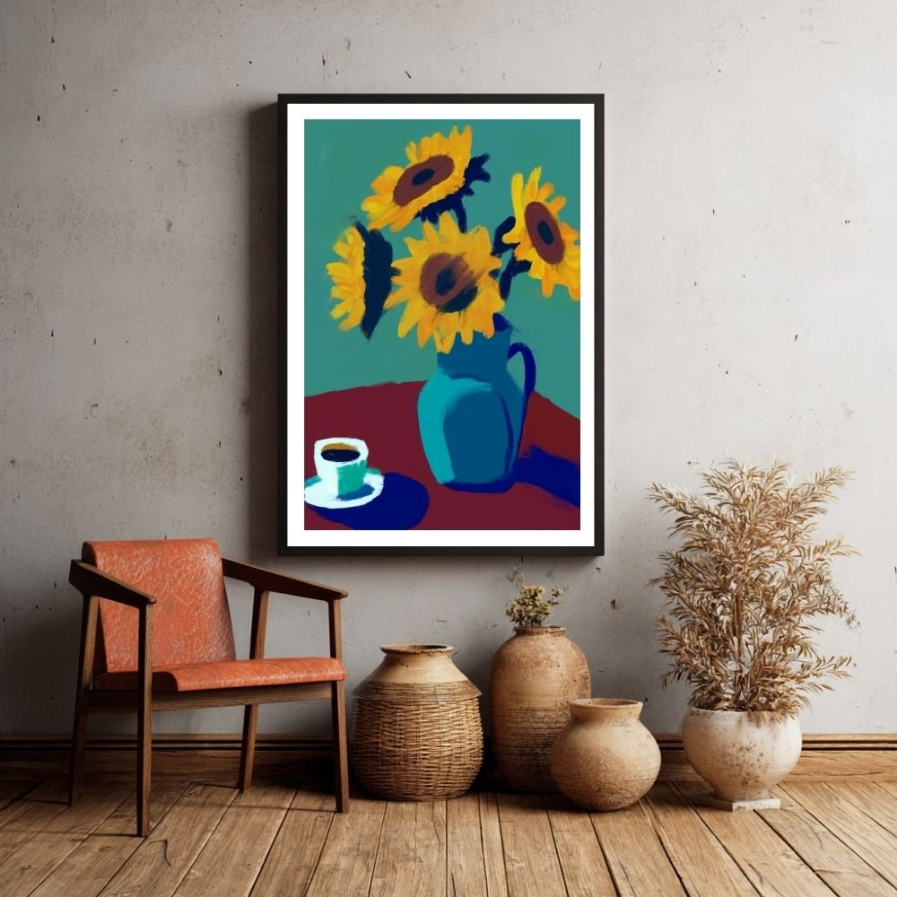Vibrant wall art featuring a bold sunflower bouquet in a vase beside a coffee cup, perfect for adding energy to any space.