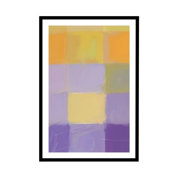 Framed modern abstract art showcasing a grid of orange, purple, and yellow tones displayed on a wall.