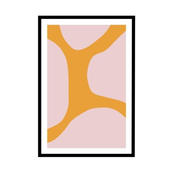 Abstract artwork featuring orange shapes on a pink background in a framed display.