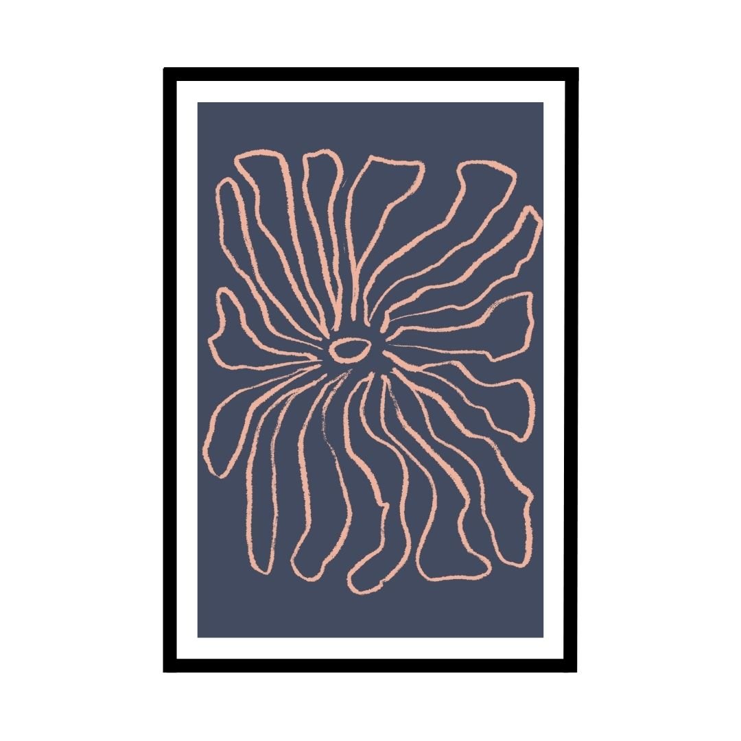 Framed abstract line art print featuring a floral design in pink on a dark blue background.