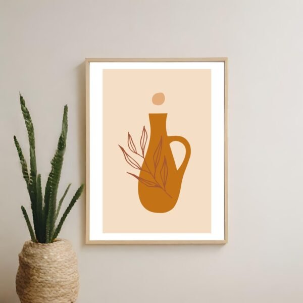 Minimalistic vintage jug with leaf design framed wall art in earthy tones hanging on a contemporary wall