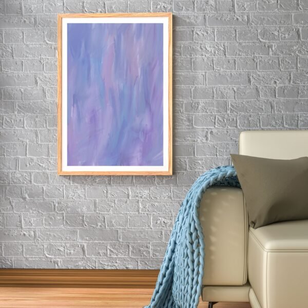 Framed abstract artwork featuring shades of purple displayed on a wall.