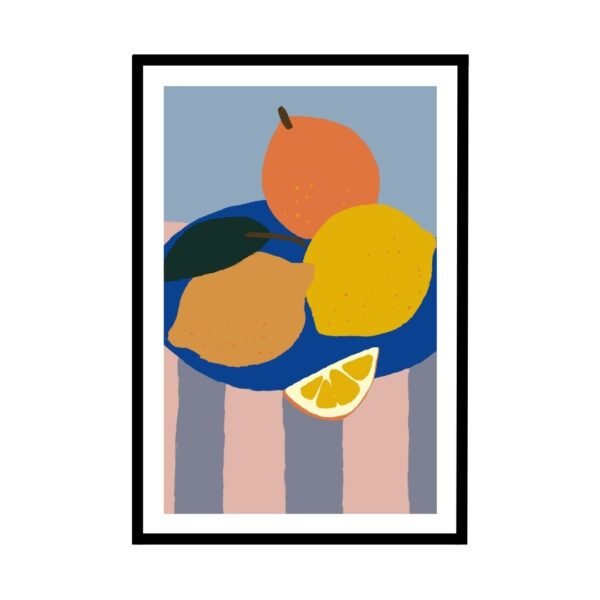Lemons and oranges in a bowl, colourful fruit poster for kitchen decor.