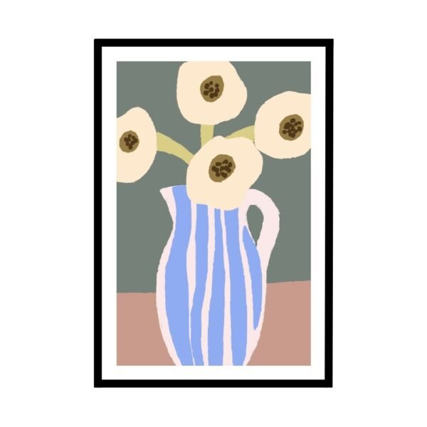 Minimalist white flowers in blue and white vase, chic wall art for living room.