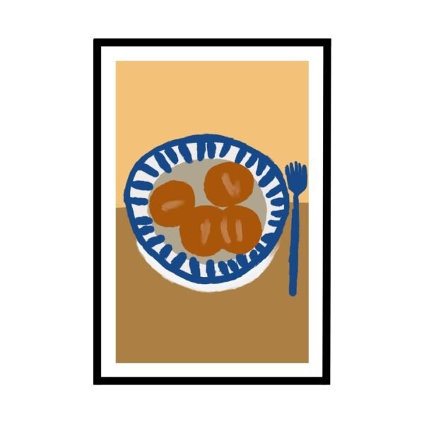 Bread rolls in blue and brown bowl, modern kitchen wall art.