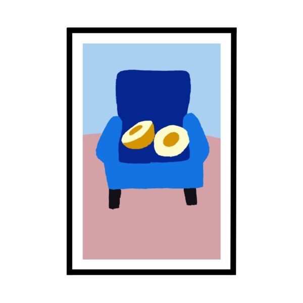 Bagels on a blue chair, quirky and fun home decor poster.