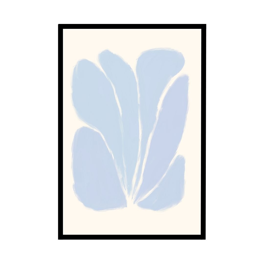 Framed abstract artwork featuring soft blue shapes on a light background.