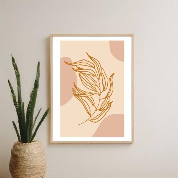 Elegant abstract leaf illustration in gold and brown tones hanging on a modern wall for stylish home decor