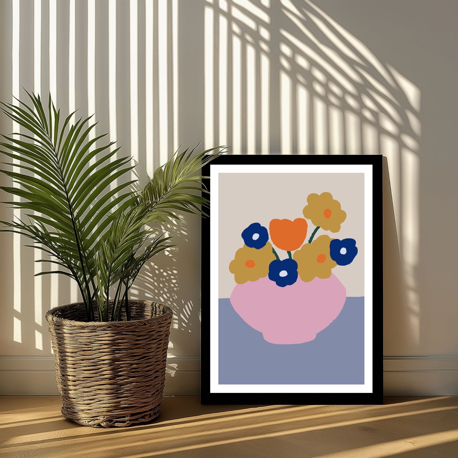 Framed artwork featuring a stylized depiction of flowers in a vase with a pink base.