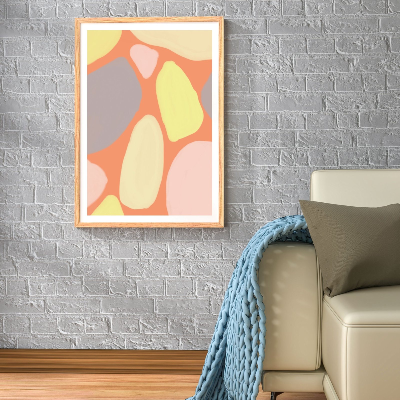 Framed Soft pastel geometric design poster, modern art piece for brightening interiors.