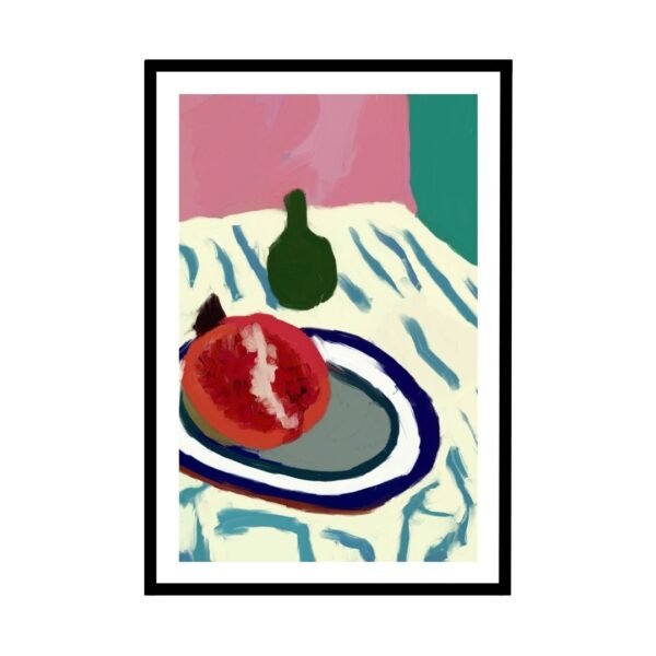 Pomegranate and green bottle, artistic wall art for modern interiors.