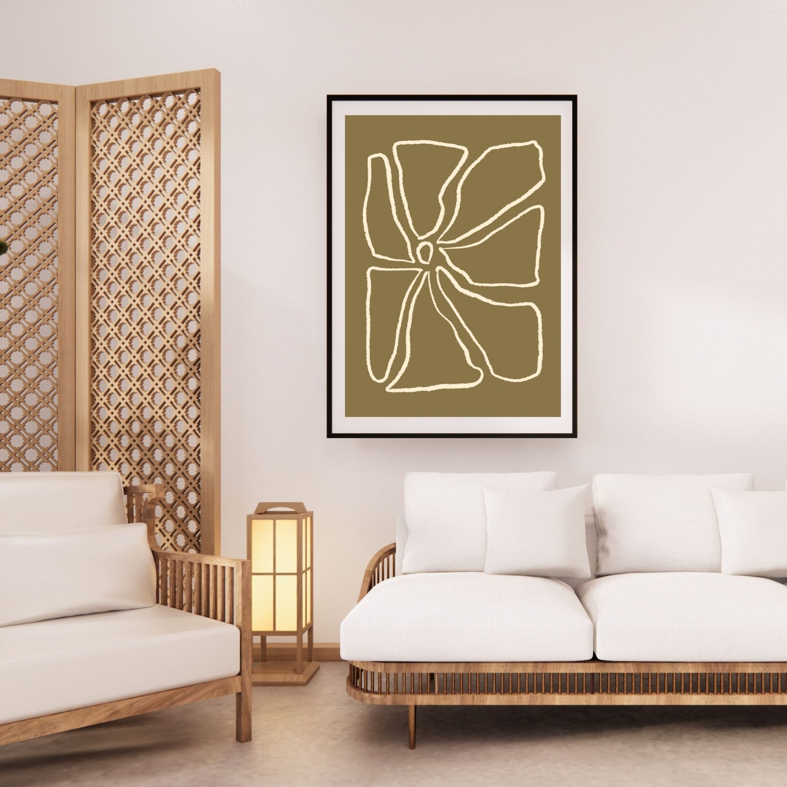 flower design with fluid lines in white, on a muted green canvas. modern wall art posters