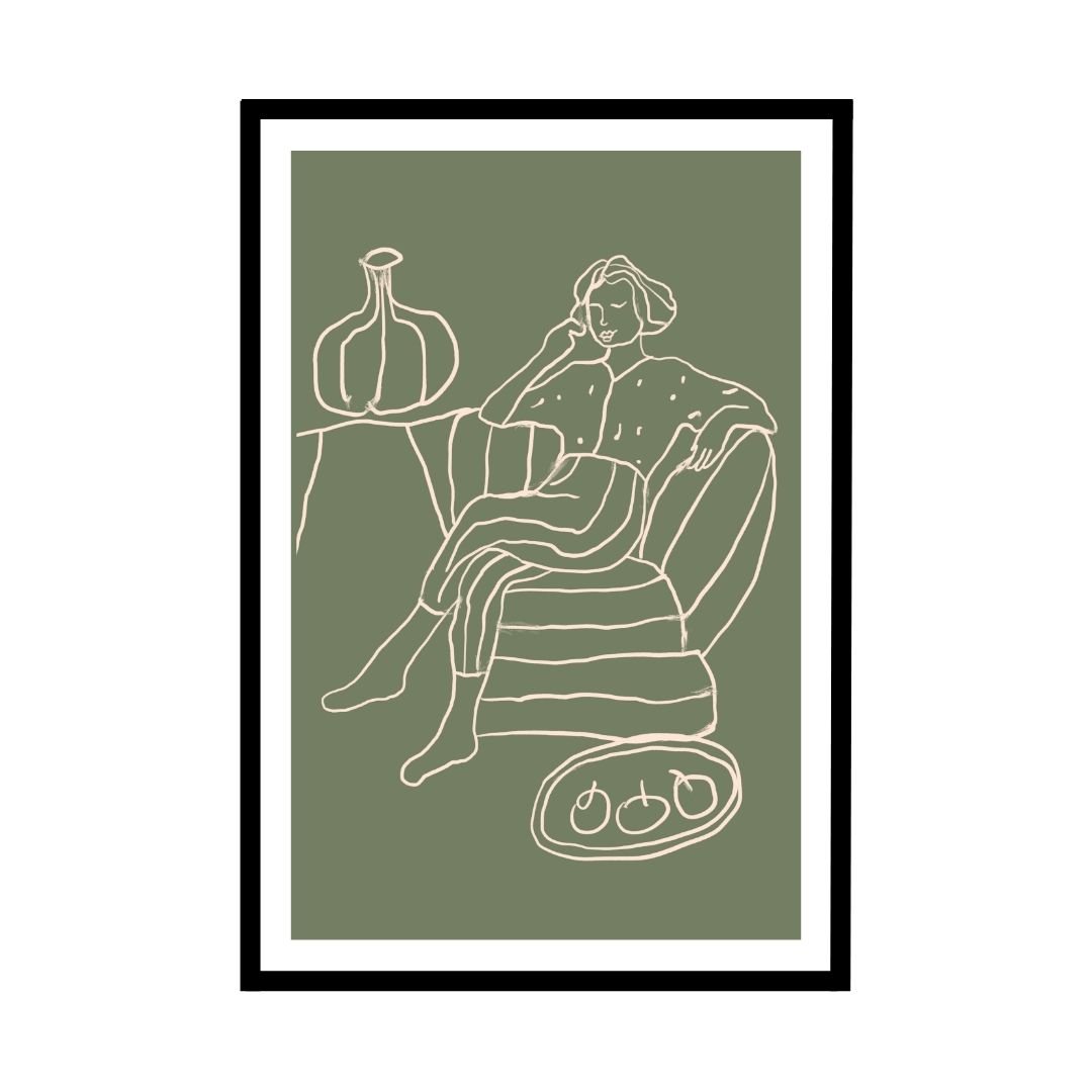 Elegant woman line art print with soothing green background.