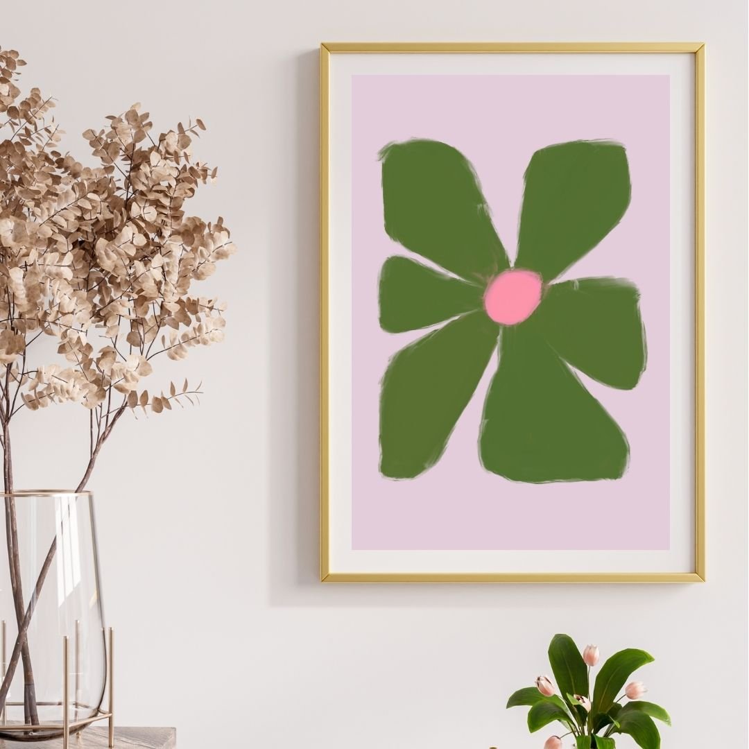 Abstract artwork featuring a large green flower shape with a pink center on a light pink background.