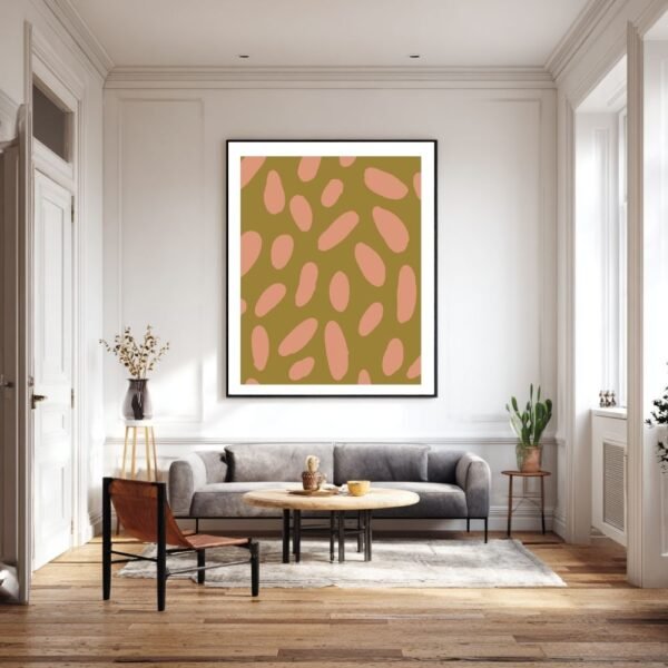 Modern minimalist wall art featuring an abstract pattern in olive and pink, a stylish poster for contemporary spaces.