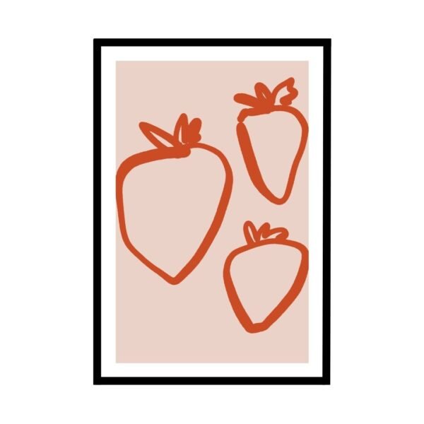 Strawberry outline poster in orange, minimalist fruit wall art.