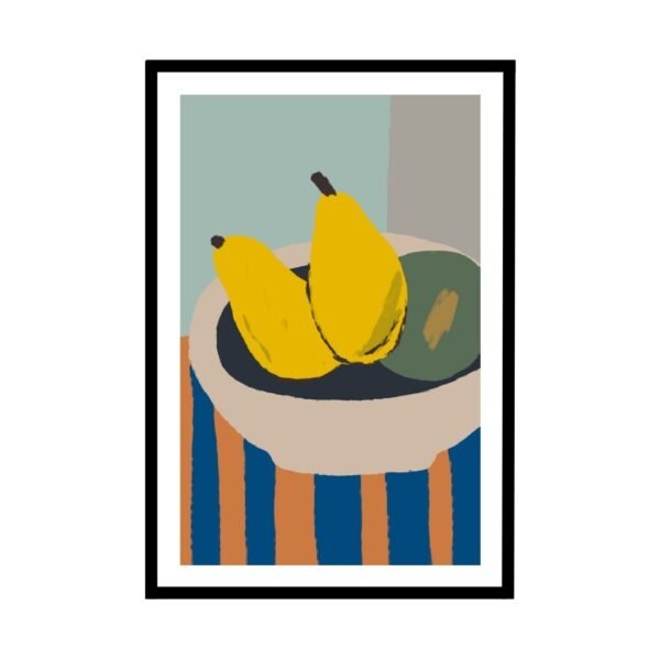 Modern minimalist illustration of two yellow ripe bears in a bowl on a stripped background table
