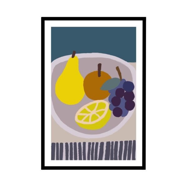 Vibrant fruit bowl art with pears, grapes, and lemon