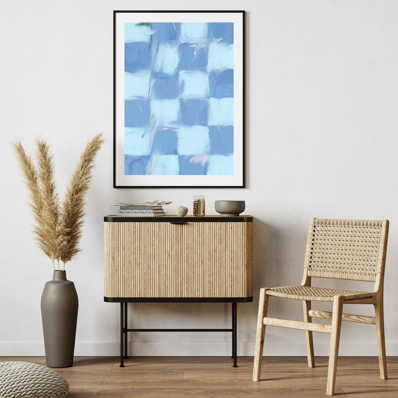 Soft pastel checkered design with hints of pink and green, contemporary wall art.