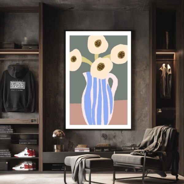 Elegant minimalist artwork of white flowers in a blue and white vase, a chic piece of wall art perfect for the living room.