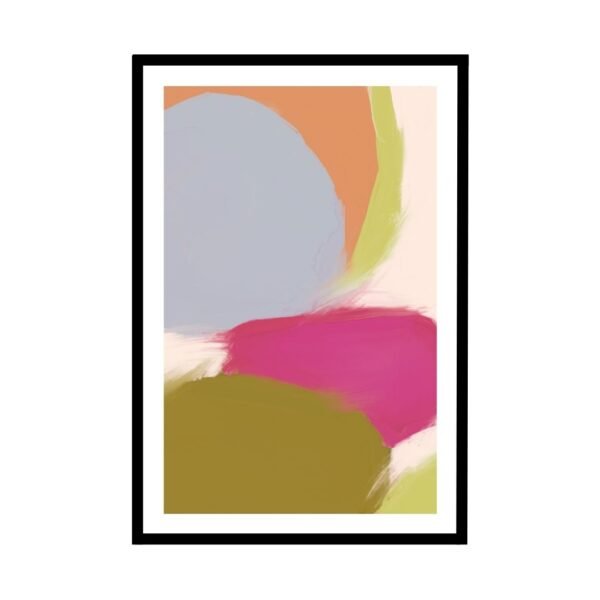 Contemporary abstract shapes in pink, green, and yellow