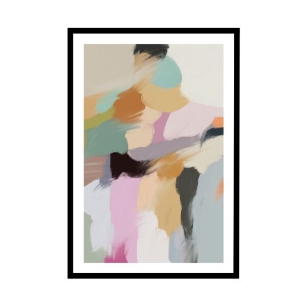 Soft, flowing abstract portrait art in pastel hues in black frame