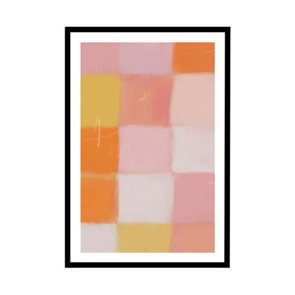 Abstract checkerboard wall art in soft pastel shades of pink, orange, and yellow.
