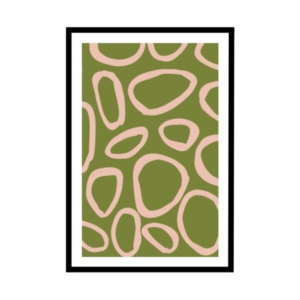 Modern wall art with pink ovals on an olive green background.