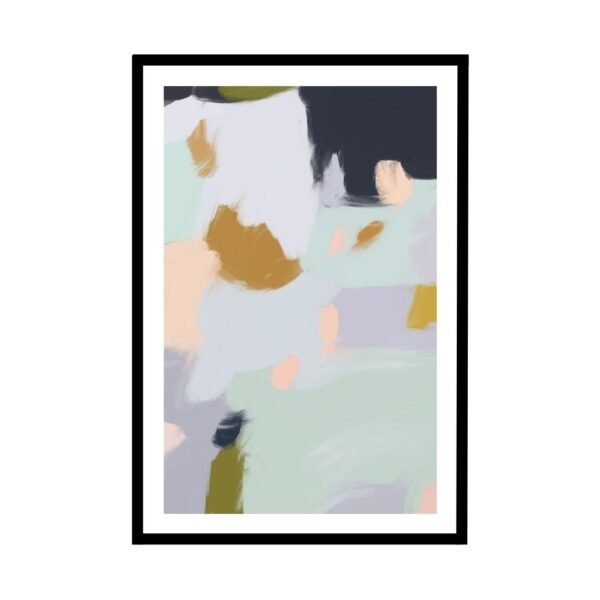 Framed abstract artwork featuring soft colors and brush strokes in various shades.