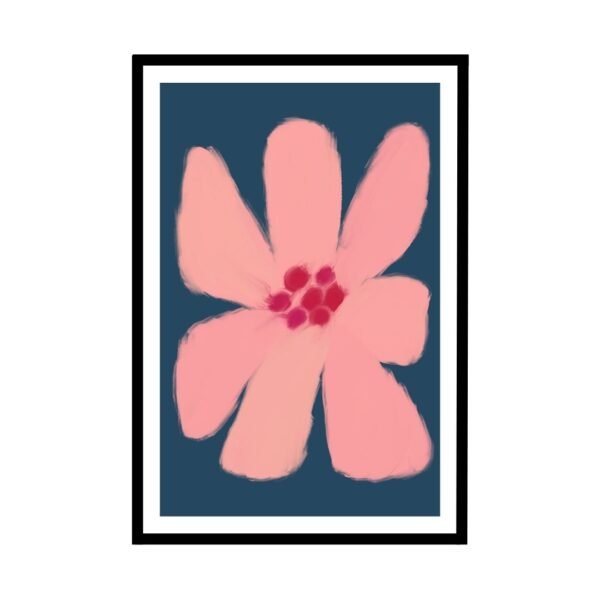 Abstract pink flower art print with navy background