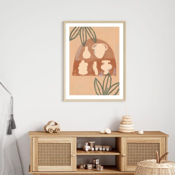 Framed abstract artwork featuring vases and plant motifs on a peach background.