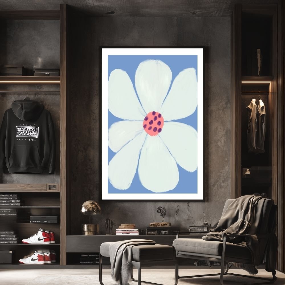 Artwork featuring a large white flower with a pink center on a blue background.