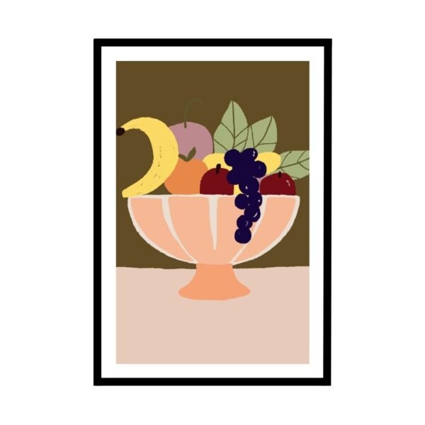 Fruit bowl wall art with bananas, apples, and grapes.