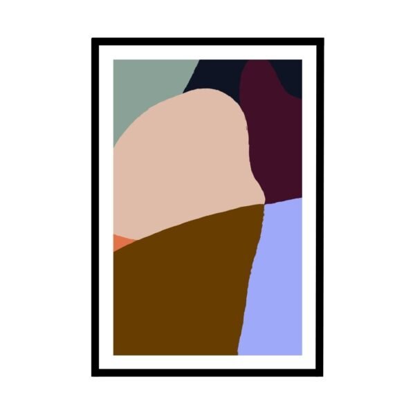 Abstract geometric artwork featuring various shapes in muted colors including brown, blue, and beige.