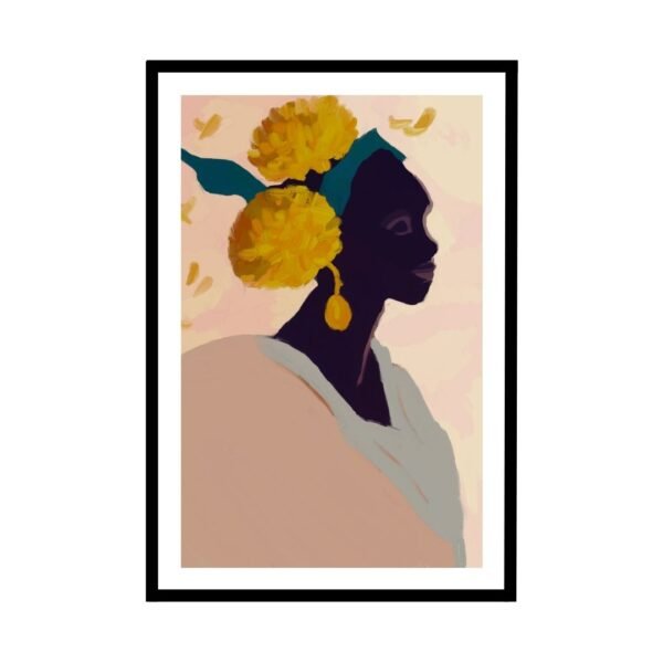 Black silhouette of a woman with yellow flowers in her hair wall art.