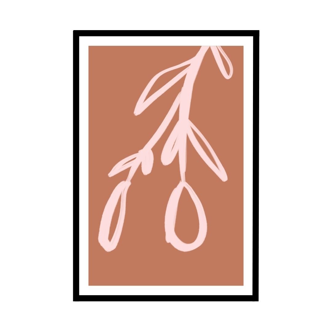 Abstract floral artwork featuring a pink branch design on a brown background.