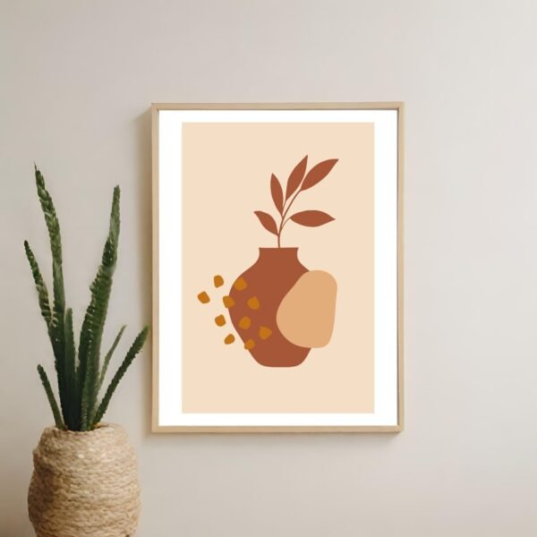 Abstract brown clay vase and foliage wall art displayed on a rustic home wall for cozy decor.