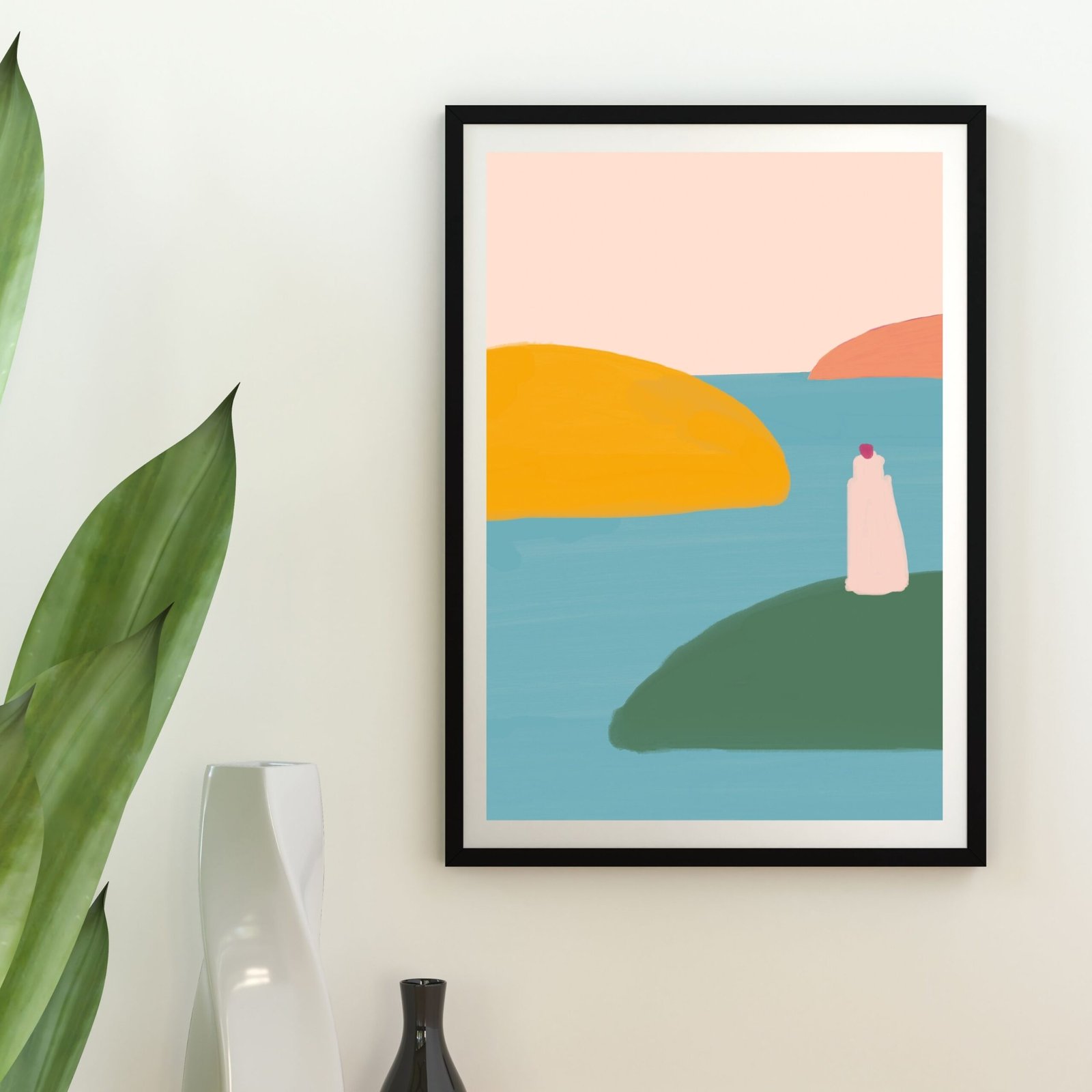 Pastel-colored landscape with abstract forms in pink, yellow, and blue. framed wall art