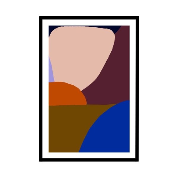 Framed abstract artwork featuring geometric shapes in various colors next to a potted plant.