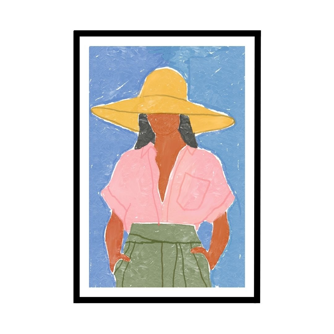 Illustration of a woman wearing a pink shirt and a wide-brimmed yellow hat against a blue background.