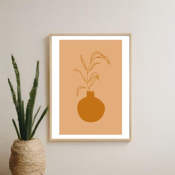 Minimalistic brown vase and plant wall art showcased on a wall in a sleek, contemporary interior