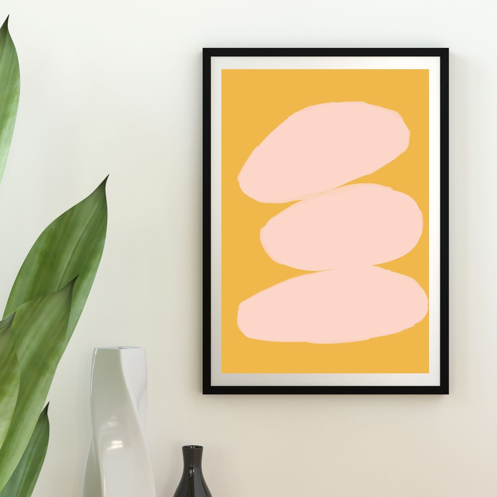 Geometric pastel shapes on a yellow background, minimalist wall art.