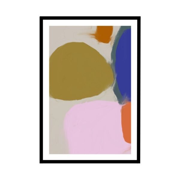 Abstract wall art with earthy shapes and bold blue, orange, and pink colours.