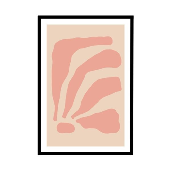 Abstract artwork featuring pink shapes on a beige background within a black frame.