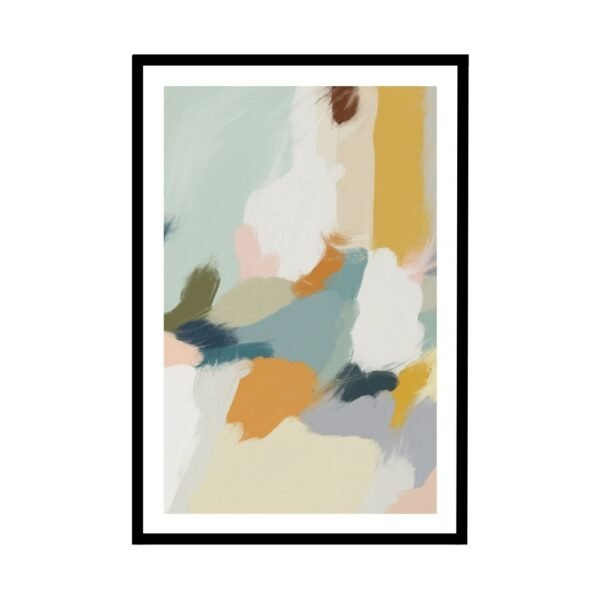 soft blue and yellow abstract brushstroke design for contemporary decor framed in black