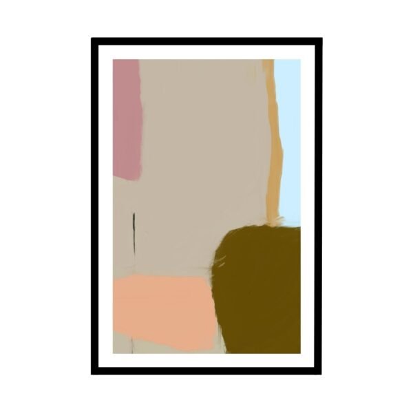 Abstract soft pastel shapes wall art in pink, peach, and mustard.